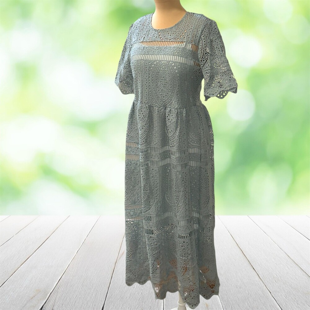 ERI + ALI Crochet Lace Maxi Dress Lined Boho Anthropologie Fit Flare Aqua Size M